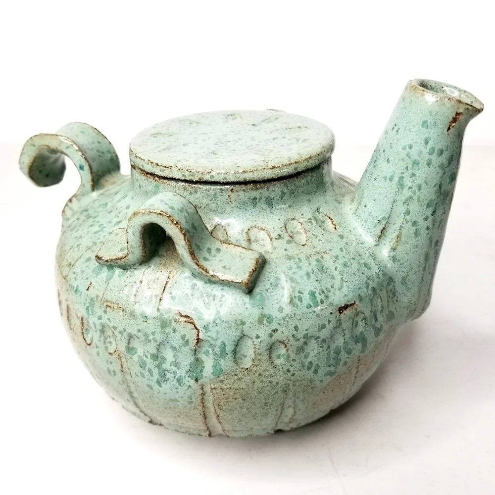 Rare Unique Vintage Art Pottery Green TeaPot , Artist Signed 12/25/75